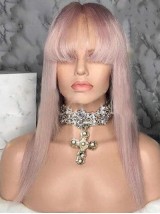 Parrucca Lunga Dritta In Pizzo Yasmin Con Capelli Umani Rosa 360 Con Frangetta