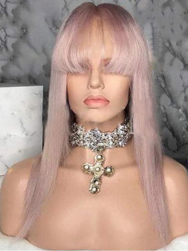 Parrucca Lunga Dritta In Pizzo Yasmin Con Capelli Umani Rosa 360 Con Frangetta