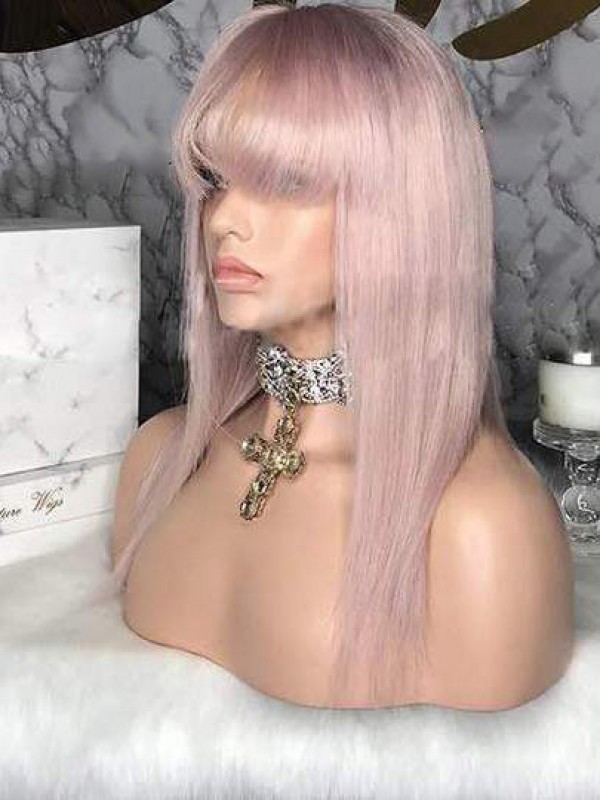 Parrucca Lunga Dritta In Pizzo Yasmin Con Capelli Umani Rosa 360 Con Frangetta