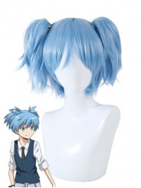 Parrucche Cosplay Senza Cappuccio Corte E Dritte Azzurre Con Frangetta 10 Pollici E 2 Code Di Cavallo