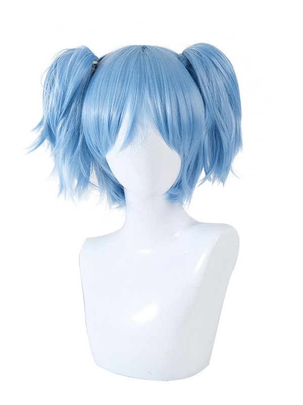 Parrucche Cosplay Senza Cappuccio Corte E Dritte Azzurre Con Frangetta 10 Pollici E 2 Code Di Cavallo