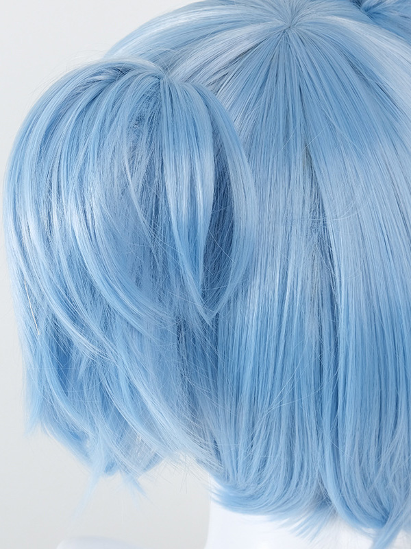 Parrucche Cosplay Senza Cappuccio Corte E Dritte Azzurre Con Frangetta 10 Pollici E 2 Code Di Cavallo