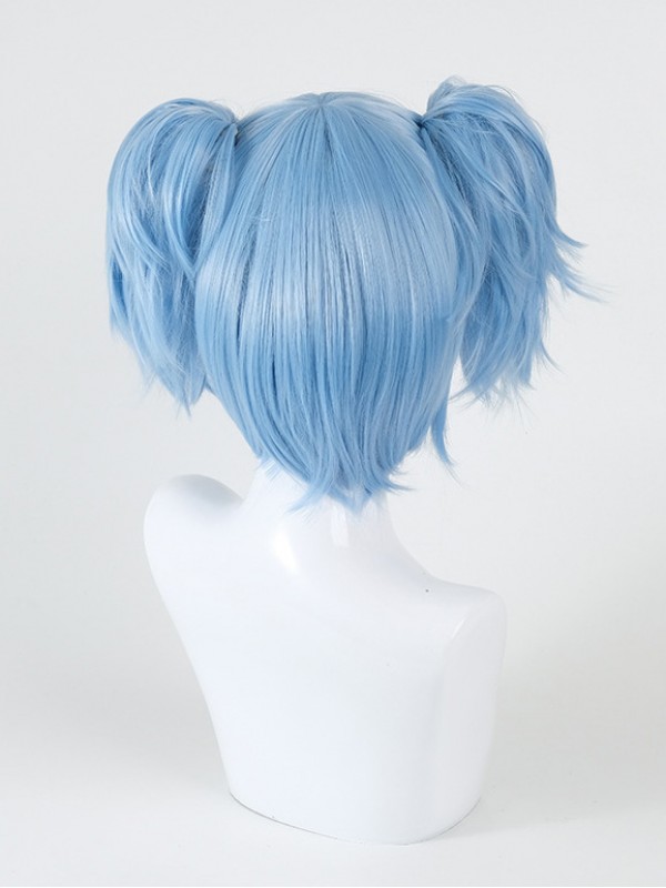 Parrucche Cosplay Senza Cappuccio Corte E Dritte Azzurre Con Frangetta 10 Pollici E 2 Code Di Cavallo