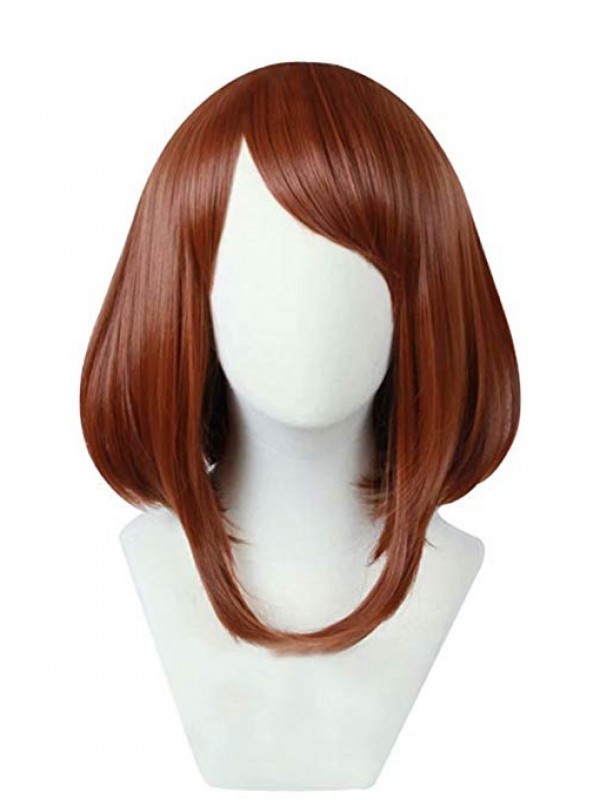 Parrucche Sintetiche Per Cosplay Senza Cappuccio Lunghe Marroni Corte E Dritte Con Frangia Laterale Da 16 Pollici