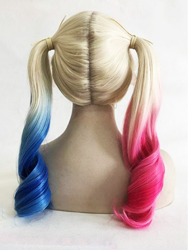 Parrucca Sintetica Senza Cappuccio Per Cosplay Con Onda Sciolta Di Colore Rosa Blu Lungo Con Riga Centrale 24 Pollici