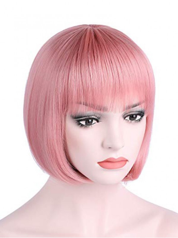 Parrucche Sintetiche Per Cosplay Senza Cappuccio Rosa Corte E Dritte Con Frangetta 10 Pollici