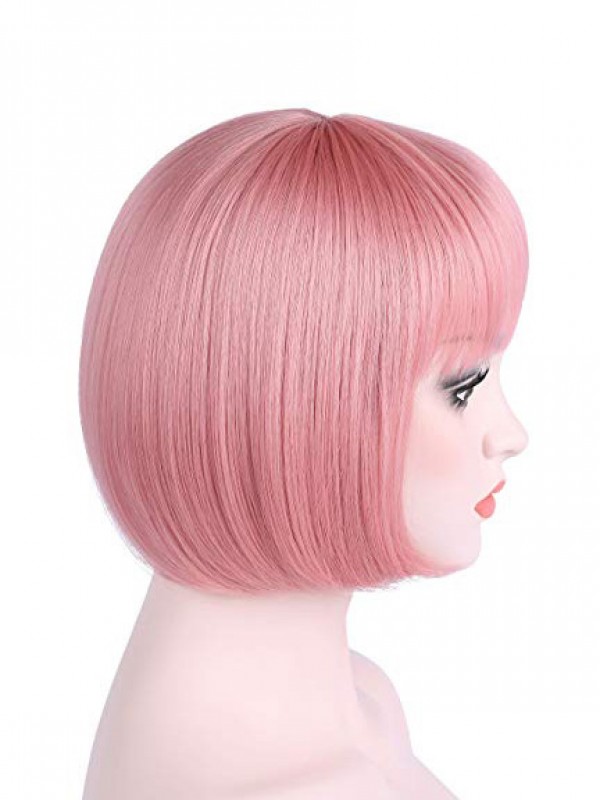 Parrucche Sintetiche Per Cosplay Senza Cappuccio Rosa Corte E Dritte Con Frangetta 10 Pollici