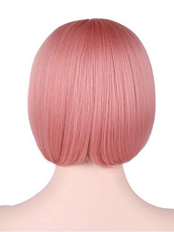 Parrucche Sintetiche Per Cosplay Senza Cappuccio Rosa Corte E Dritte Con Frangetta 10 Pollici