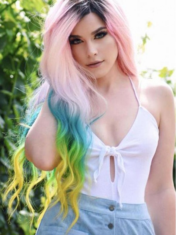 Parrucche Cosplay Senza Cappuccio Multicolori Ondulate Lunghe Con Frangia Laterale 30 Pollici