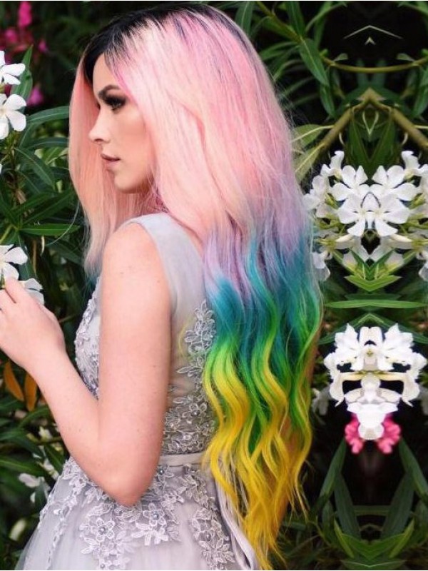 Parrucche Cosplay Senza Cappuccio Multicolori Ondulate Lunghe Con Frangia Laterale 30 Pollici