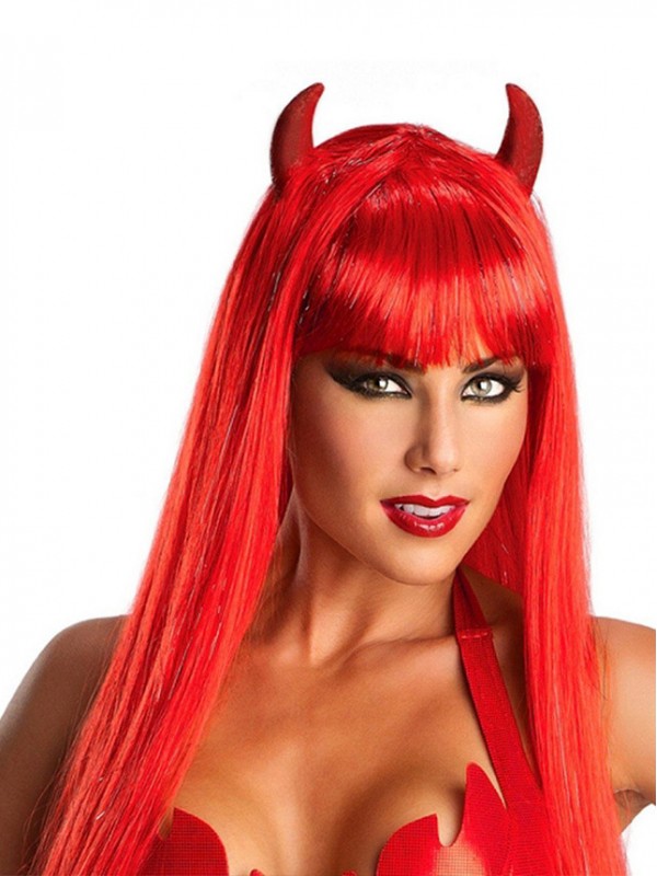 Parrucche Cosplay Senza Cappuccio Lunghe Rosse Dritte Di Halloween Little Devil Con Frangia Laterale 22 Pollici