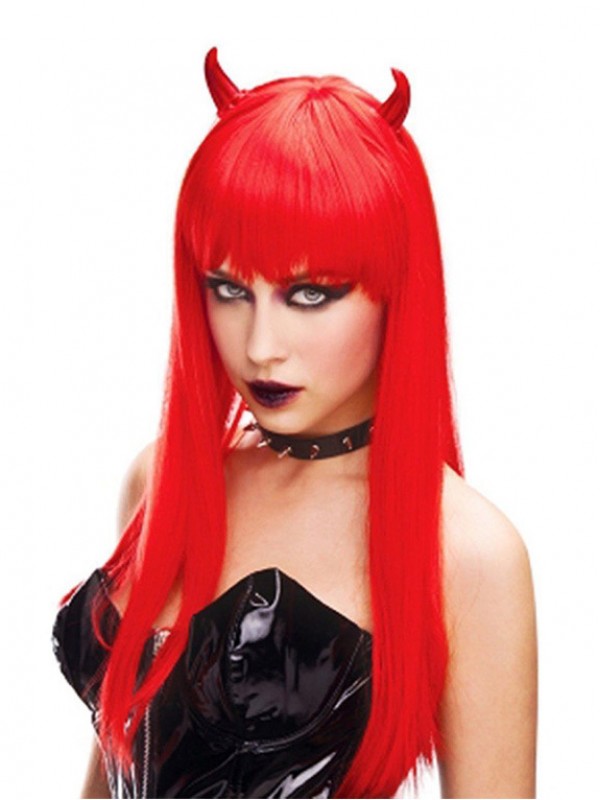 Parrucche Cosplay Senza Cappuccio Lunghe Rosse Dritte Di Halloween Little Devil Con Frangia Laterale 22 Pollici
