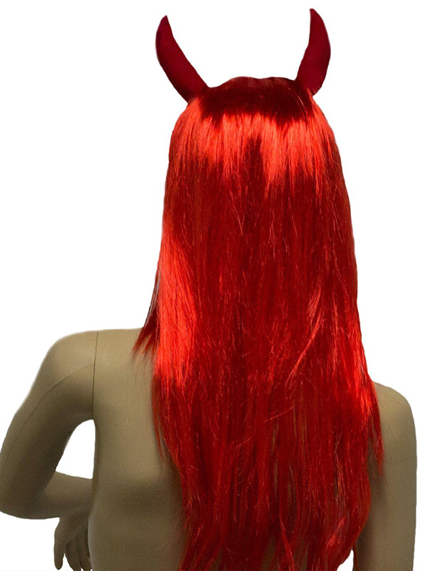 Parrucche Cosplay Senza Cappuccio Lunghe Rosse Dritte Di Halloween Little Devil Con Frangia Laterale 22 Pollici
