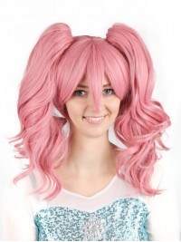 Parrucche Sintetiche Per Cosplay Senza Cappuccio Ondulate A Doppia Coda Di Cavallo Rosa Lunghe Con Frangetta 24 Pollici