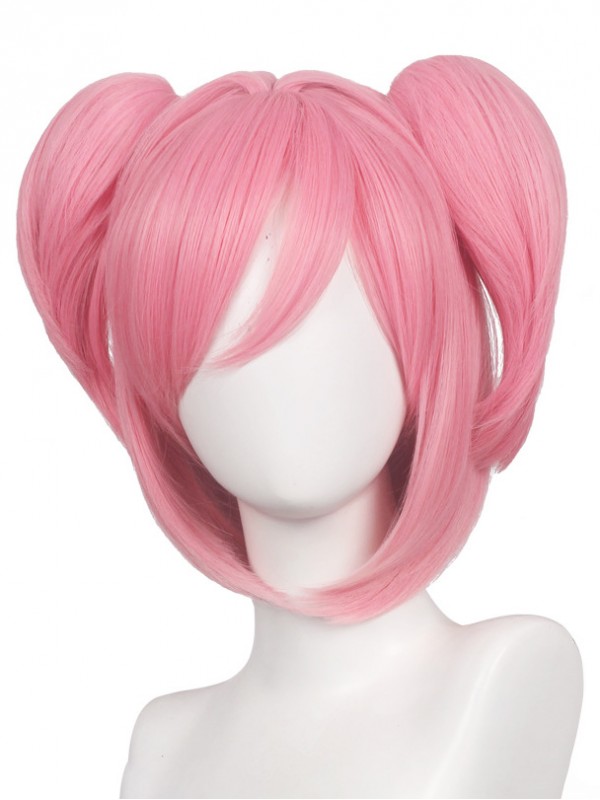 Parrucche Sintetiche Senza Cappuccio Per Cosplay A Doppia Coda Di Cavallo Rosa Medio Con Frangetta 14 Pollici