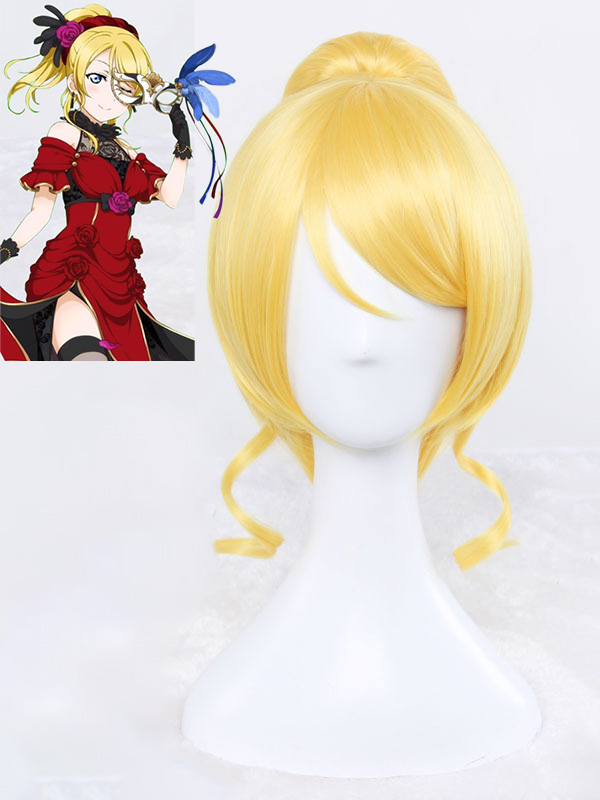 Parrucche Cosplay Senza Cappuccio Sintetiche Dritte Con Coda Di Cavallo D'Oro Con Frangia Laterale 12 Pollici