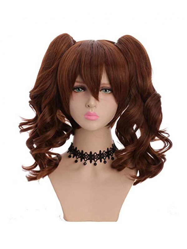 Parrucche Cosplay Senza Cappuccio Ondulate Marroni Lunghe A Doppia Coda Di Cavallo Con Frangetta 24 Pollici