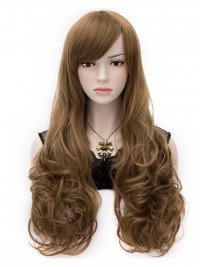 Parrucche Cosplay Senza Cappuccio Sintetiche Ondulate Lunghe Marroni Con Frangia Laterale 32 Pollici