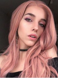 Parrucche Sintetiche Per Cosplay Senza Cappuccio Rosa Ondulate Lunghe Con Frangia Laterale 30 Pollici