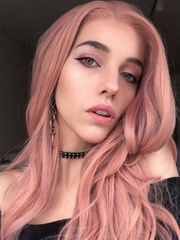 Parrucche Sintetiche Per Cosplay Senza Cappuccio Rosa Ondulate Lunghe Con Frangia Laterale 30 Pollici