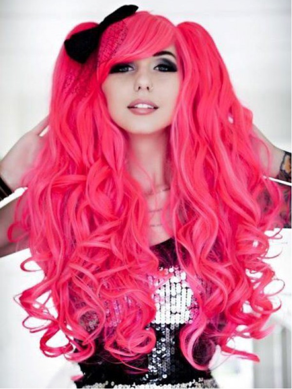 Parrucche Cosplay Senza Cappuccio Sintetiche Rosa Stile Lolita Giapponese Con Frangetta 28 Pollici