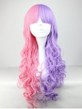Lolita Style Long Ricci Rosa Con Parrucche Sintetiche Miste Viola Senza Cappuccio Con Frangia 28 Pollici