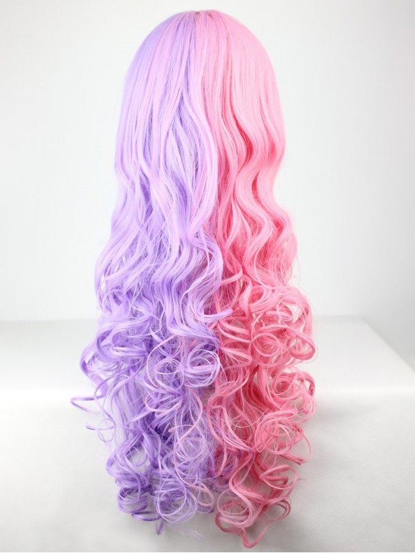 Lolita Style Long Ricci Rosa Con Parrucche Sintetiche Miste Viola Senza Cappuccio Con Frangia 28 Pollici