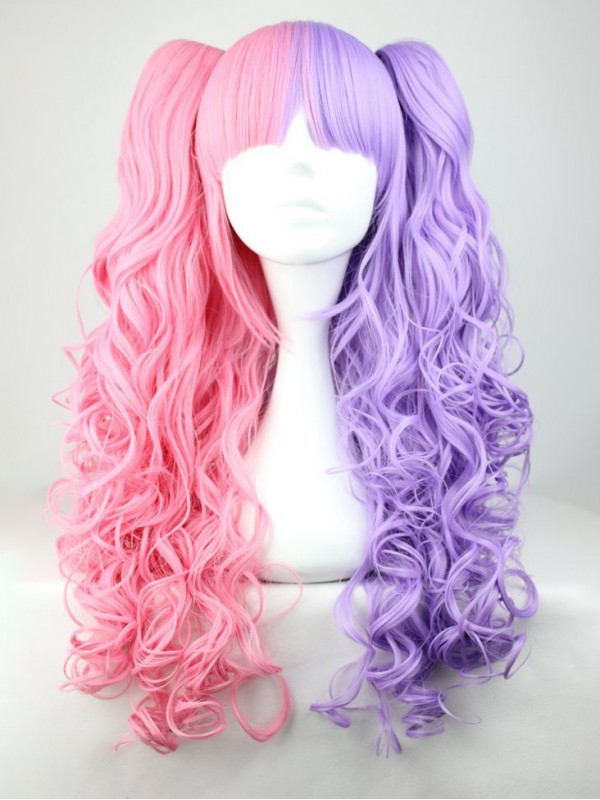 Lolita Style Long Ricci Rosa Con Parrucche Sintetiche Miste Viola Senza Cappuccio Con Frangia 28 Pollici