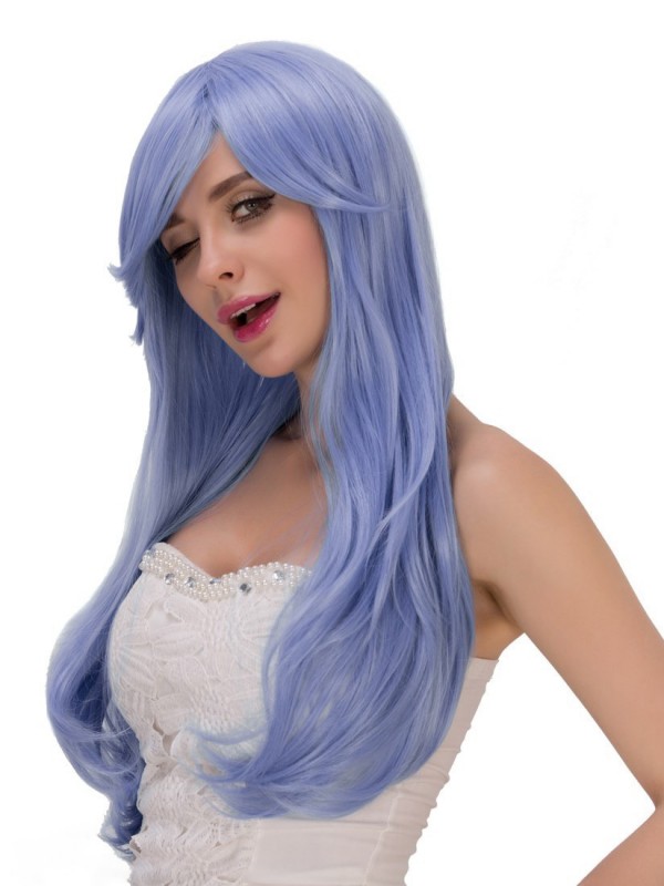 Parrucche Sintetiche Senza Cappuccio Per Cosplay Lunghe Ondulate Gialle Calde Con Frangetta 28 Pollici