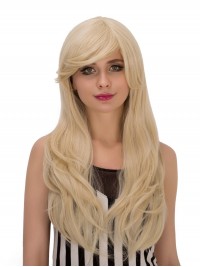 Parrucche Sintetiche Senza Cappuccio Per Cosplay Ondulate Lunghe Blu Con Frangetta 28 Pollici