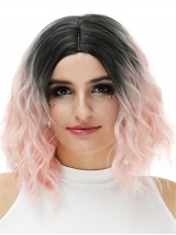 Separazione Centrale Rosa Ondulato Ombre Radice Scura Sintetico Medio Senza Cappuccio 14 Pollici