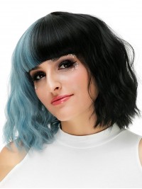 Parrucche Cosplay Senza Cappuccio Sintetiche Ondulate Medie Bicolore Con Frangetta 12 Pollici