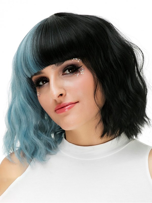 Parrucche Cosplay Senza Cappuccio Sintetiche Ondulate Medie Bicolore Con Frangetta 12 Pollici