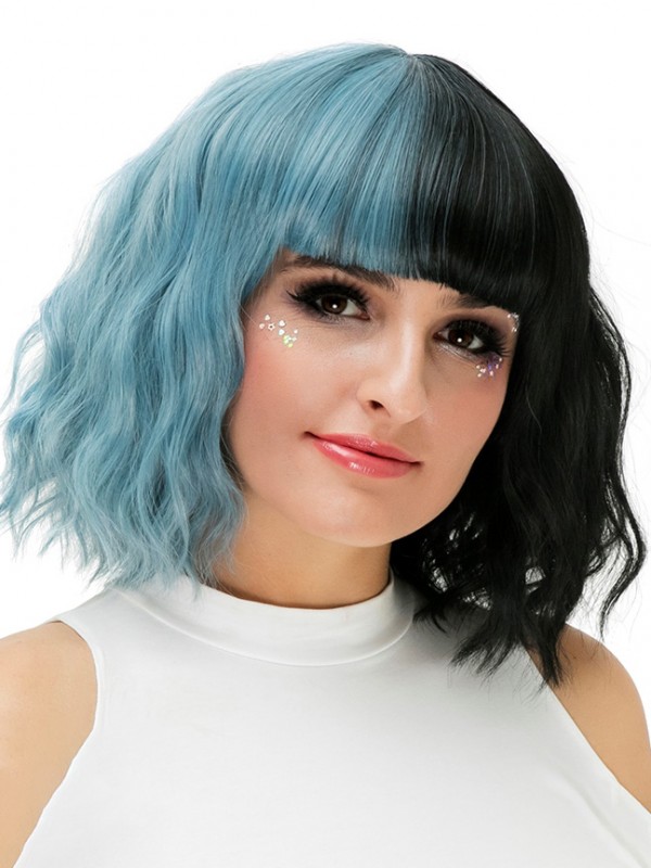 Parrucche Cosplay Senza Cappuccio Sintetiche Ondulate Medie Bicolore Con Frangetta 12 Pollici