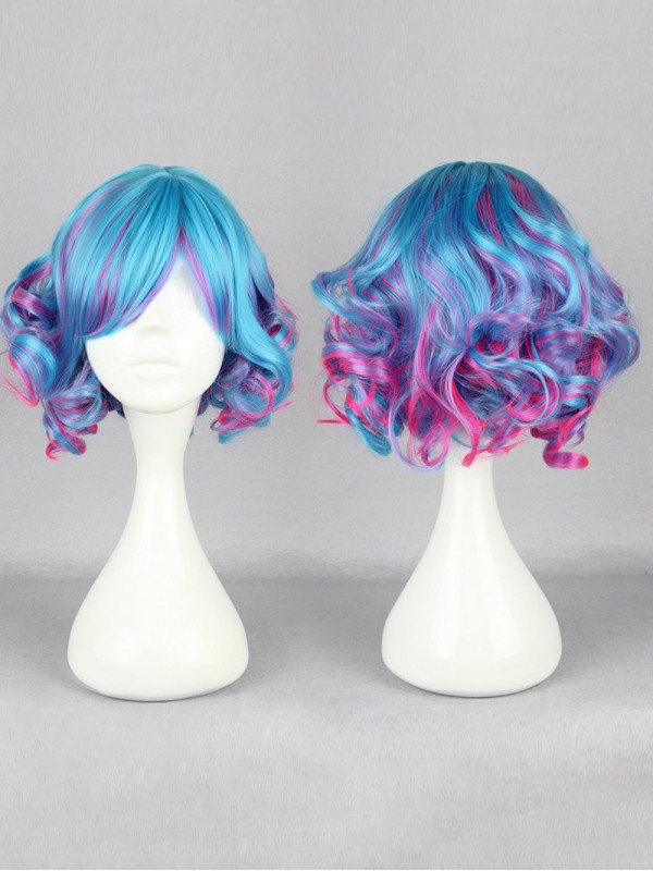 Parrucche Sintetiche Per Cosplay Senza Cappuccio In Stile Lolita Giapponese Di Colore Misto Blu E Rosa Con Frangia Laterale Da 12 Pollici