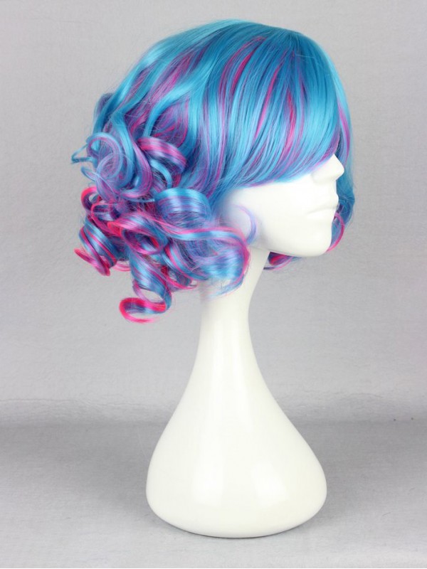 Parrucche Sintetiche Per Cosplay Senza Cappuccio In Stile Lolita Giapponese Di Colore Misto Blu E Rosa Con Frangia Laterale Da 12 Pollici