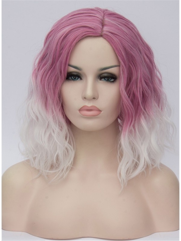 Parrucche Cosplay Senza Cappuccio Sintetiche Ricci Bianche Medie Rosa Con Frangia Laterale 14 Pollici