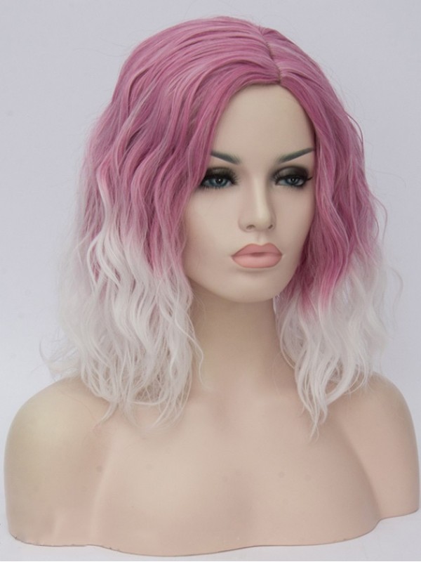 Parrucche Cosplay Senza Cappuccio Sintetiche Ricci Bianche Medie Rosa Con Frangia Laterale 14 Pollici