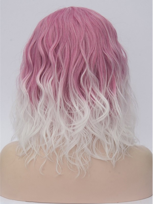 Parrucche Cosplay Senza Cappuccio Sintetiche Ricci Bianche Medie Rosa Con Frangia Laterale 14 Pollici