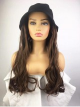 Parrucche Sintetiche Ondulate Lunghe Marroni Da 26 Pollici Con Cappello Da Uomo Di Pesce Nero