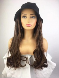 Parrucche Sintetiche Ondulate Lunghe Marroni Da 26 Pollici Con Cappello Da Uomo Di Pesce Nero