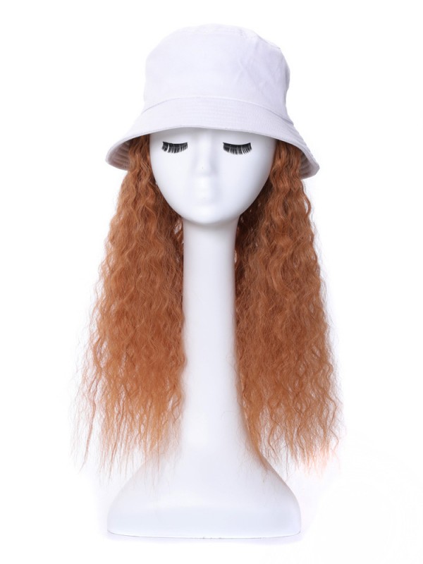 Parrucche Sintetiche Ricci Marroni Lunghi 22 Pollici Con Cappelli Bianchi