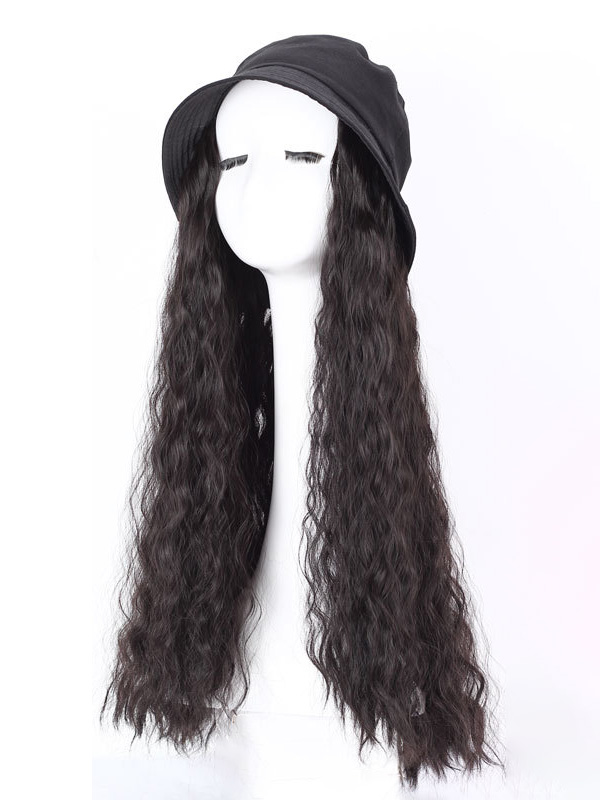 Parrucche Sintetiche Lunghe Ricci Nere 28 Pollici Con Cappelli Neri