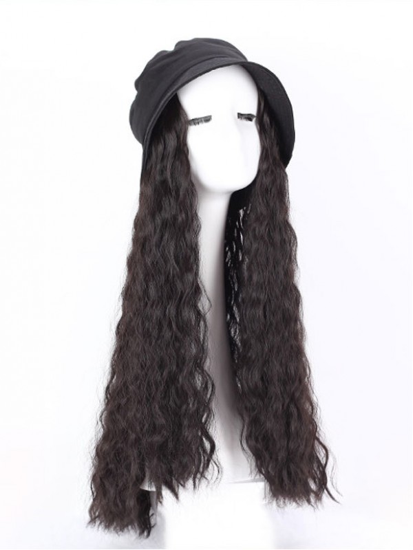 Parrucche Sintetiche Lunghe Ricci Nere 28 Pollici Con Cappelli Neri