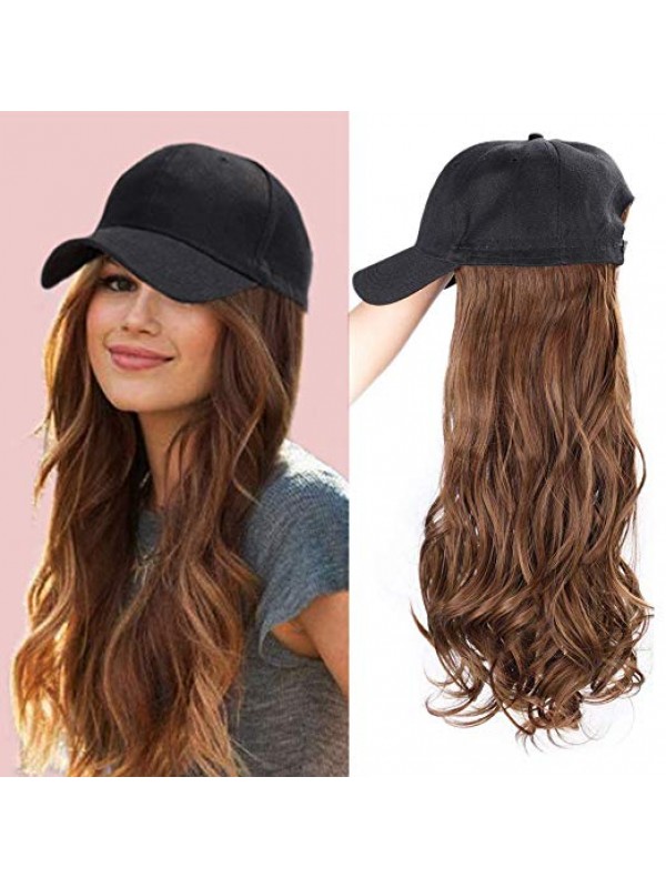 Parrucche Sintetiche Ondulate Lunghe Marroni Da 26 Pollici Con Cappello Da Baseball Nero