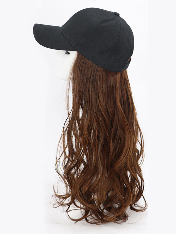 Parrucche Sintetiche Ondulate Lunghe Marroni Da 26 Pollici Con Cappello Da Baseball Nero