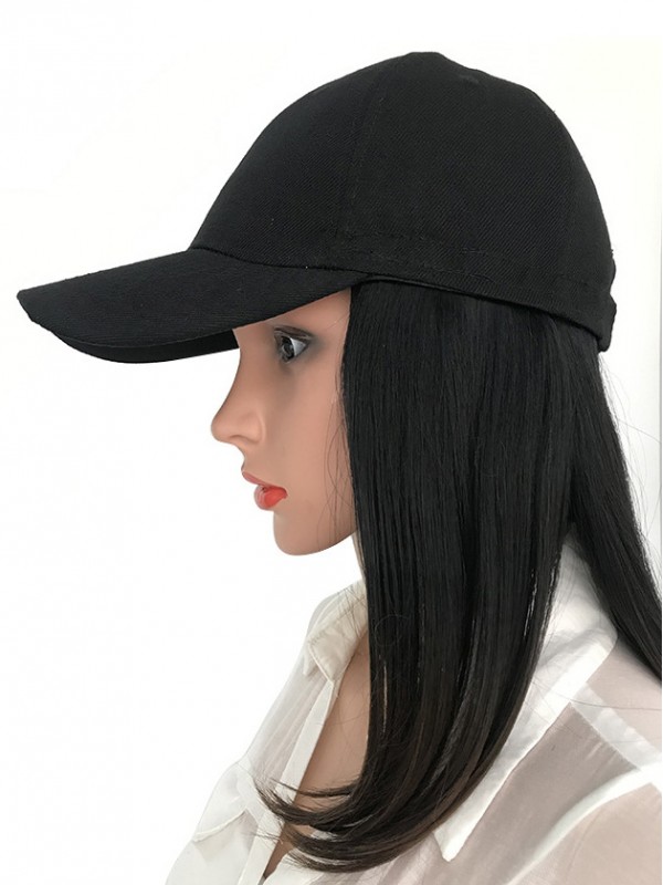 Parrucche Sintetiche Nere Lunghe Dritte Da 18 Pollici Con Cappelli Da Baseball