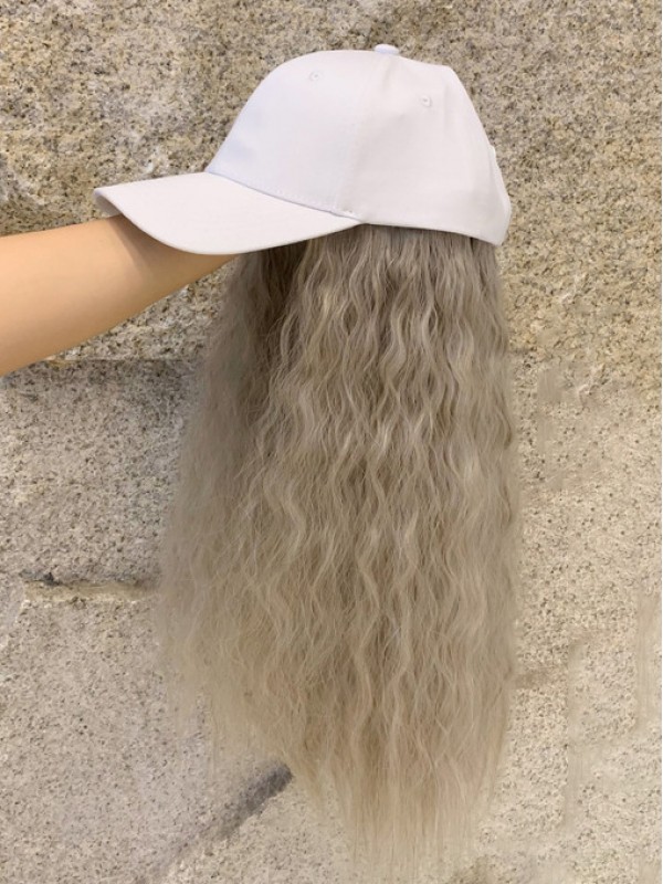 Parrucche Sintetiche Lunghe Ricci 22 Pollici Con Cappelli Da Baseball Bianchi