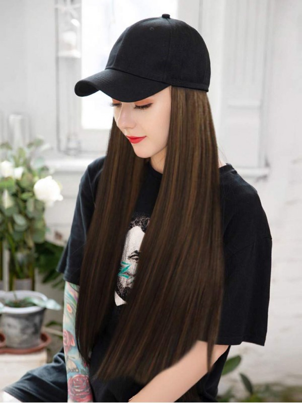 Parrucche Sintetiche Lunghe Dritte Marroni Da 26 Pollici Con Cappello Da Baseball Nero