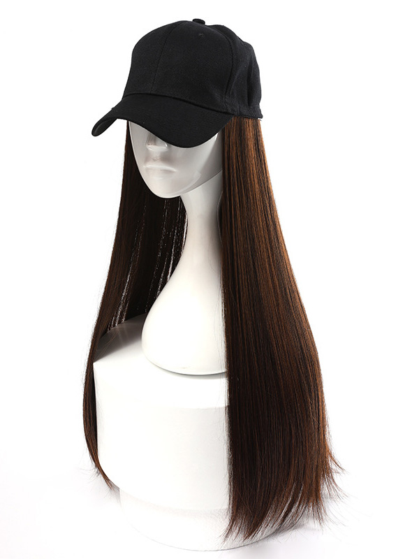 Parrucche Sintetiche Lunghe Dritte Marroni Da 26 Pollici Con Cappello Da Baseball Nero